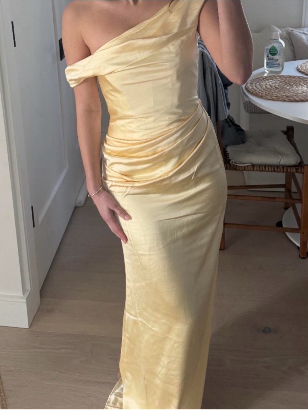 Meshki Dalia Lemon Pale Yellow One-Shoulder Satin Maxi Dress